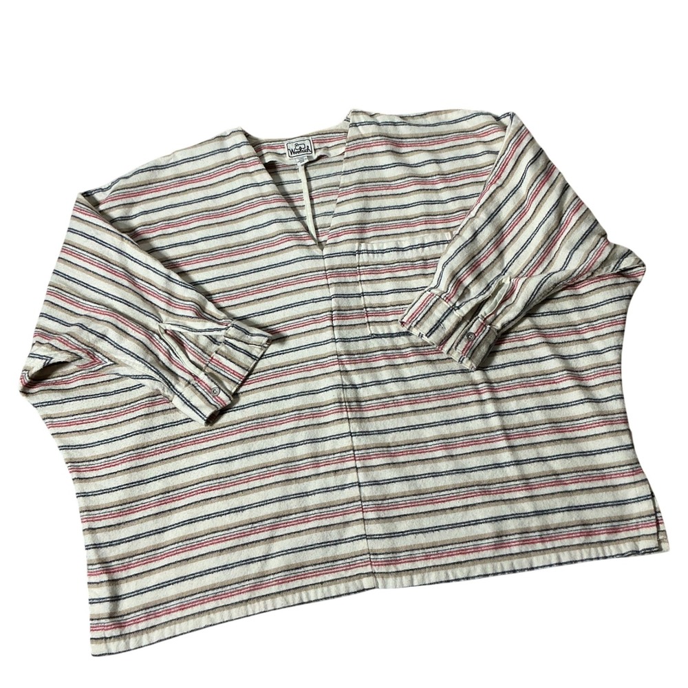 Woolrich Vintage Striped Flannel Tunic Women Medium Cream Oversized V-Neck Top
